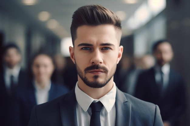 Un hombre con barba se para en una multitud.