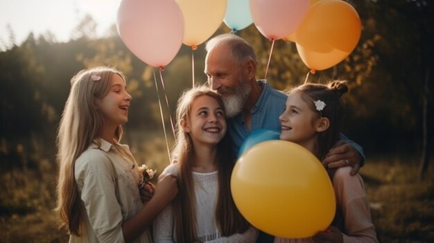 Un hombre con barba y una niña con globos.