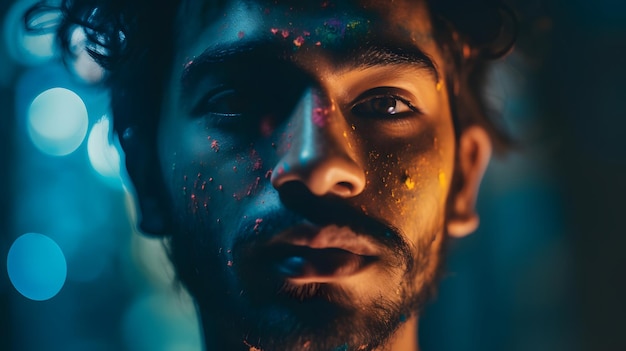 Un hombre con barba oscura y barba negra está iluminado con pintura colorida en la cara.