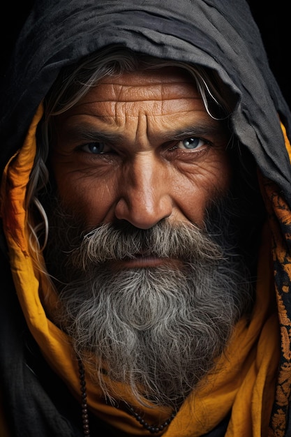 un hombre con barba y pañuelo en la cabeza