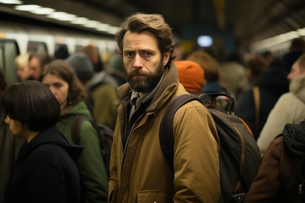 un hombre con barba parado frente a una multitud de personas