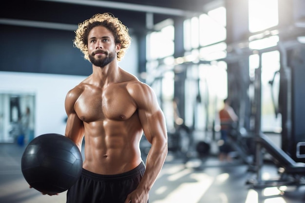 un hombre con barba y una pelota en el gimnasio