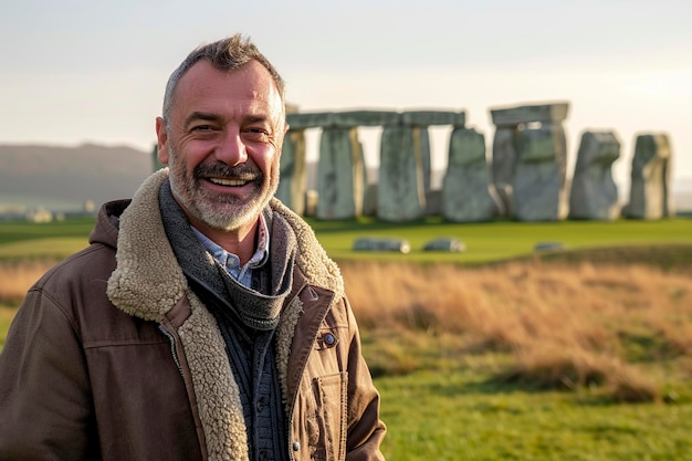 Foto hombre con barba de pie frente a stonehenge