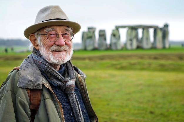 Foto hombre con barba de pie frente a stonehenge