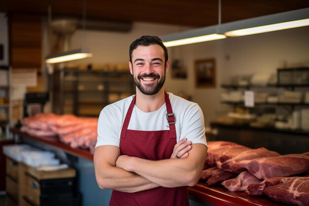 Foto un hombre con barba está de pie frente a una tienda de carne