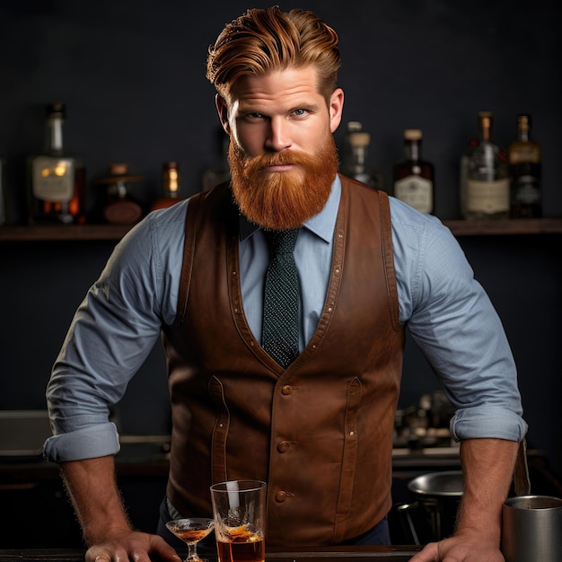 Un hombre con barba que lleva un chaleco y sostiene un vaso de whisky