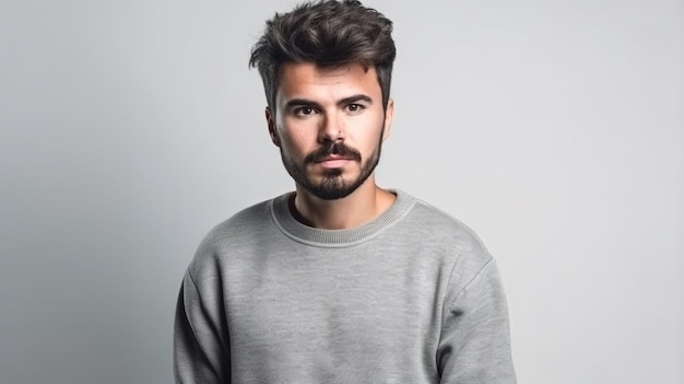 Un hombre con barba que lleva un suéter gris.