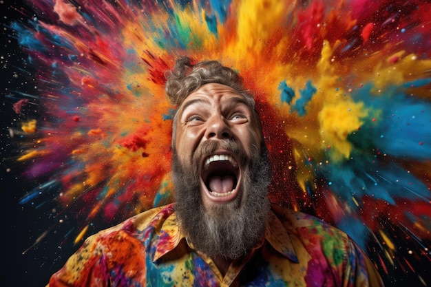 Un hombre con barba que muestra su creatividad adornando su rostro con pintura vibrante y llamativa. Hombre en una explosión de alegría colorida generada por IA.