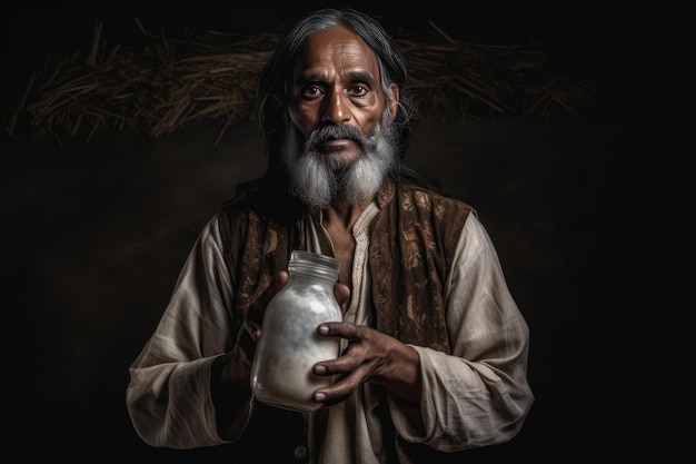 El hombre con barba que sostiene una jarra de leche de vidrio