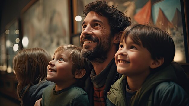 Hombre con barba sentado junto a dos niños Sencillo momento cotidiano de unión Día del padre