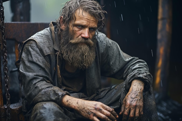 un hombre con barba sentado en la lluvia