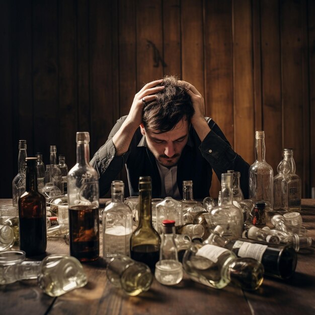 Foto un hombre con barba está sentado en una mesa con muchas botellas de alcohol.