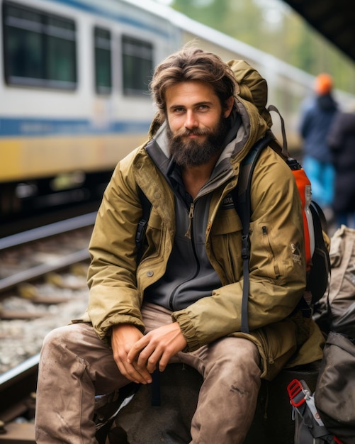 un hombre con barba sentado en una plataforma de tren