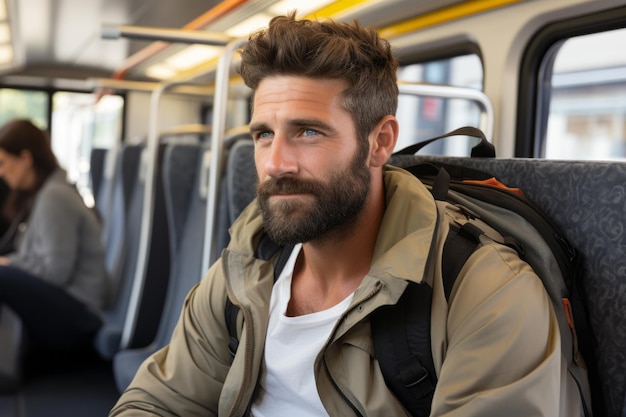 un hombre con barba sentado en un tren