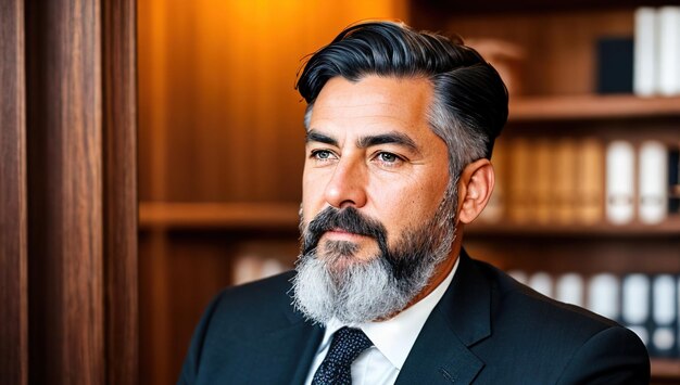 Un hombre con barba se sienta en una biblioteca.