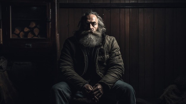 Un hombre con barba se sienta en una habitación oscura