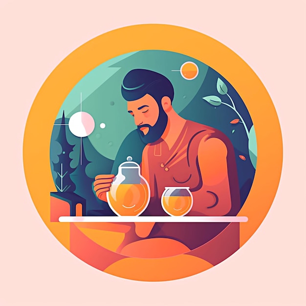 Un hombre con barba se sienta en una mesa con un vaso de jugo de naranja.