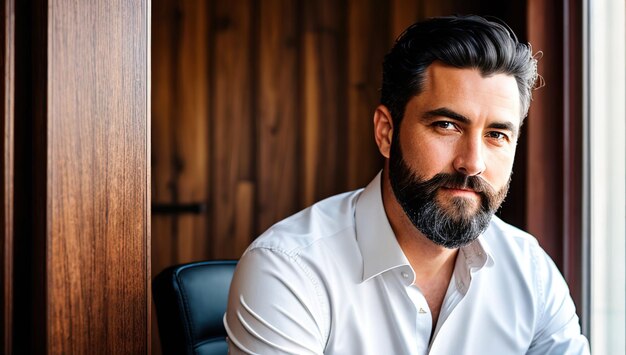 Un hombre con barba se sienta en una silla frente a una pared de madera.