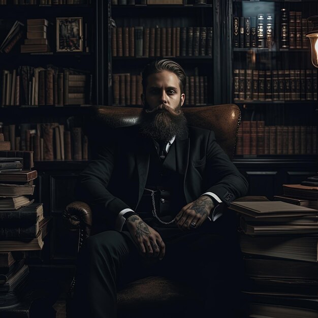 Foto un hombre con barba se sienta en una silla con muchos libros en el fondo