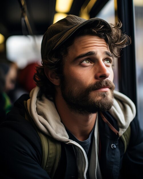 un hombre con barba y sombrero en un autobús