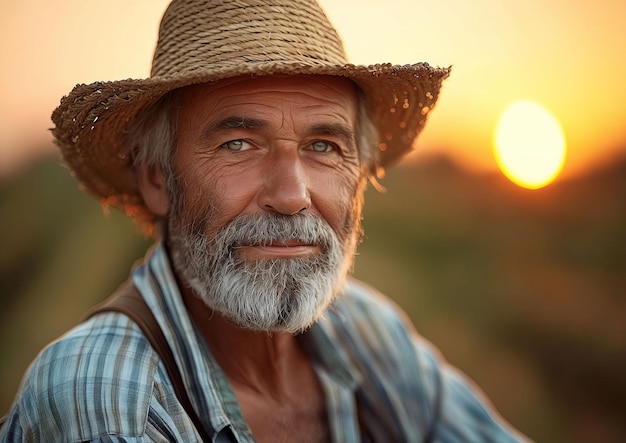 Un hombre con barba y sombrero en el campo al atardecer