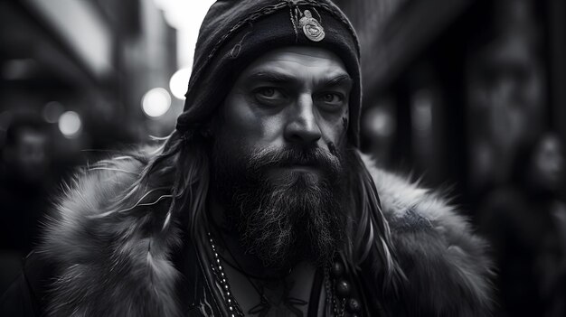 Un hombre con barba y un sombrero con una insignia.