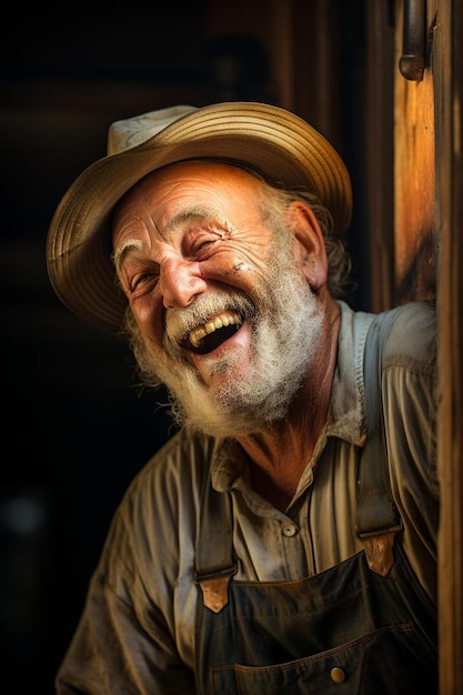 Foto un hombre con barba y sombrero riendo