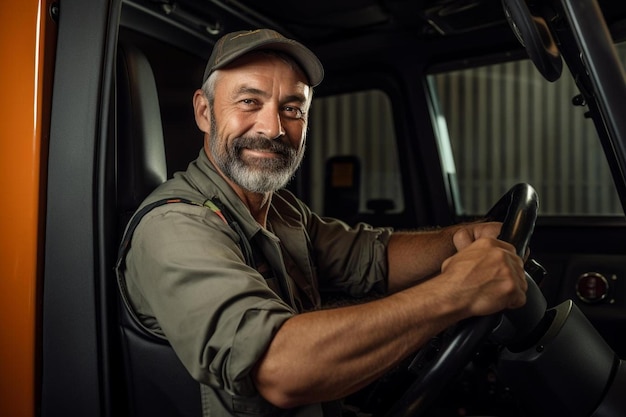 Foto un hombre con barba y un sombrero está sentado en un vehículo con un cartel detrás de él