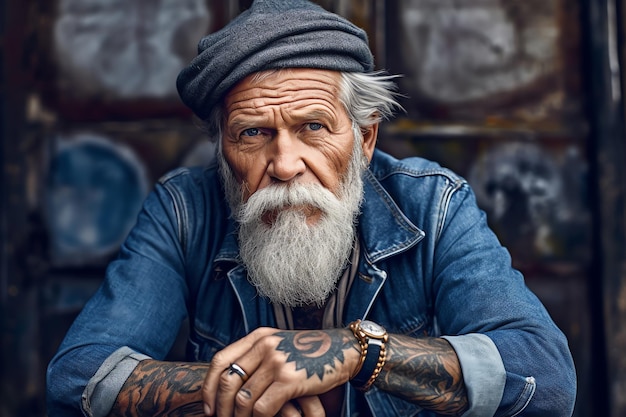 Un hombre con barba y sombrero se sienta frente a una pared.