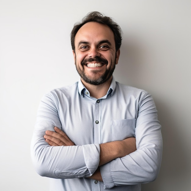 Un hombre con barba sonríe con los brazos cruzados.