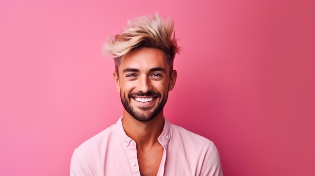 Un hombre con barba sonríe frente a un fondo rosa.