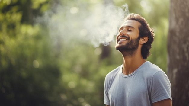 Foto un hombre con barba sonríe y fuma un cigarrillo