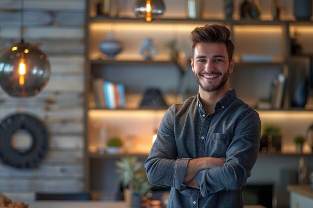 Foto un hombre con barba sonriendo frente a una estantería