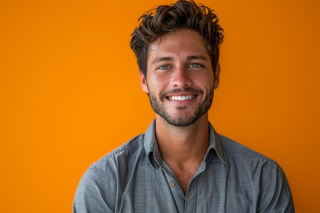 un hombre con una barba sonriendo frente a un fondo naranja