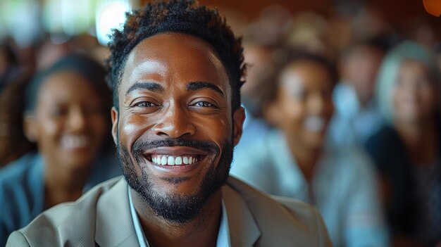 Hombre con barba sonriendo frente a un grupo de personas