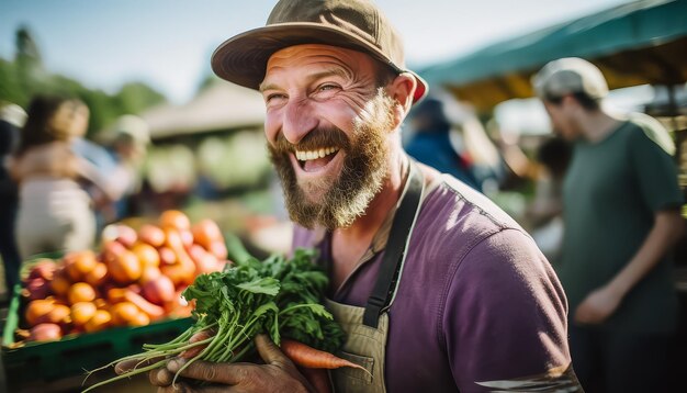 Foto un hombre con barba está sonriendo y sosteniendo un montón de verduras