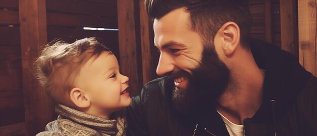 un hombre con barba y una sonrisa está sosteniendo a un niño