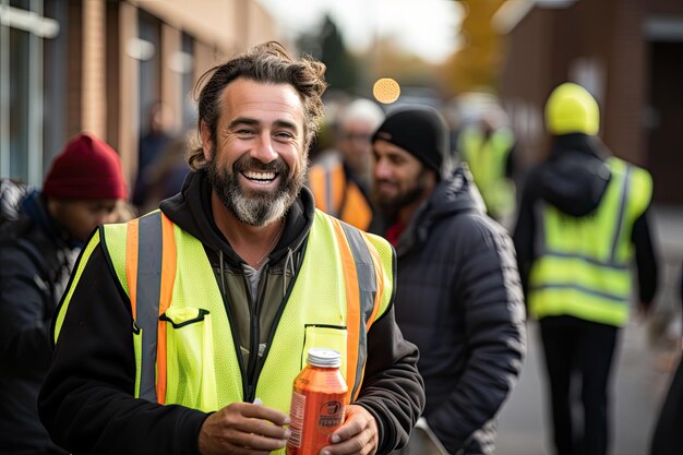 Foto un hombre con barba sosteniendo una bebida y sonriendo a la cámara mientras otras personas están caminando en el fondo