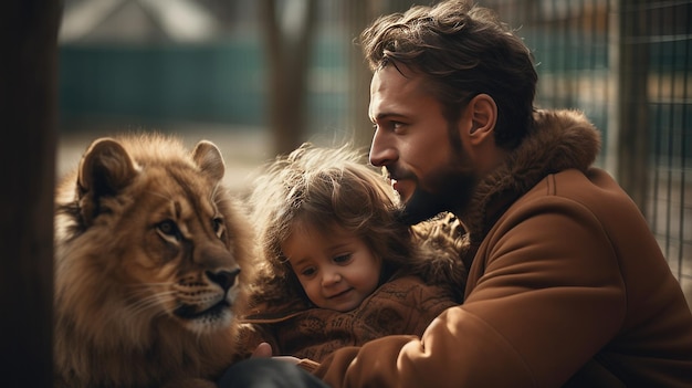 Hombre con barba sosteniendo a un niño frente a la jaula del Día del Padre