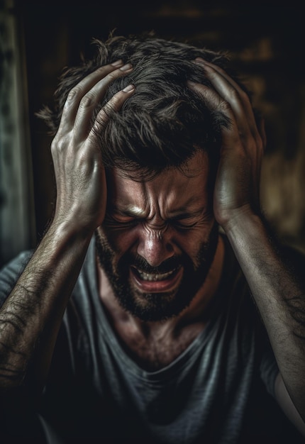 Un hombre con barba sostiene la cabeza entre las manos y se ve triste.