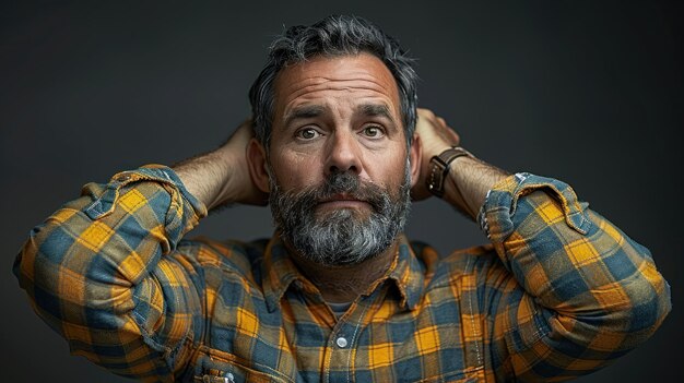 Un hombre con barba se sostiene las manos en las orejas.