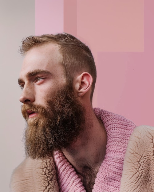 Hombre con barba y suéter rosa