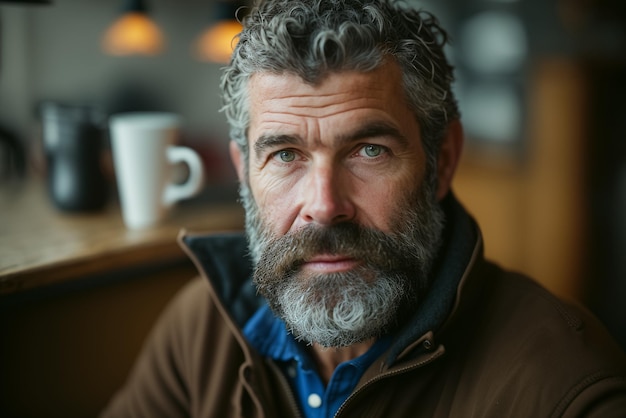 Un hombre con barba y una taza de café.