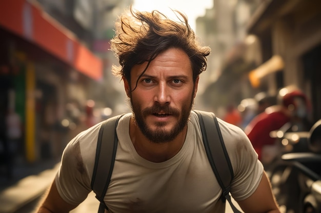 Foto hombre con barba y tirantes en la calle ia generativa