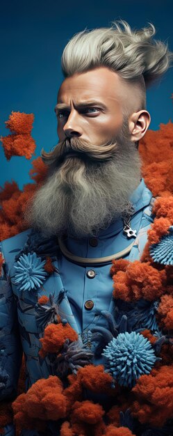 Foto un hombre con barba y un traje azul con las palabras el nombre del mar