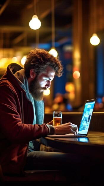 un hombre con barba usa una computadora portátil y un vaso de cerveza.