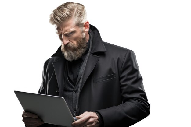 Foto un hombre con barba está usando una computadora portátil esta imagen se puede usar para representar la tecnología de trabajo remoto o comunicación en línea