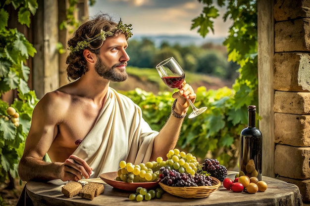 Foto un hombre con barba y un vaso de vino y uvas