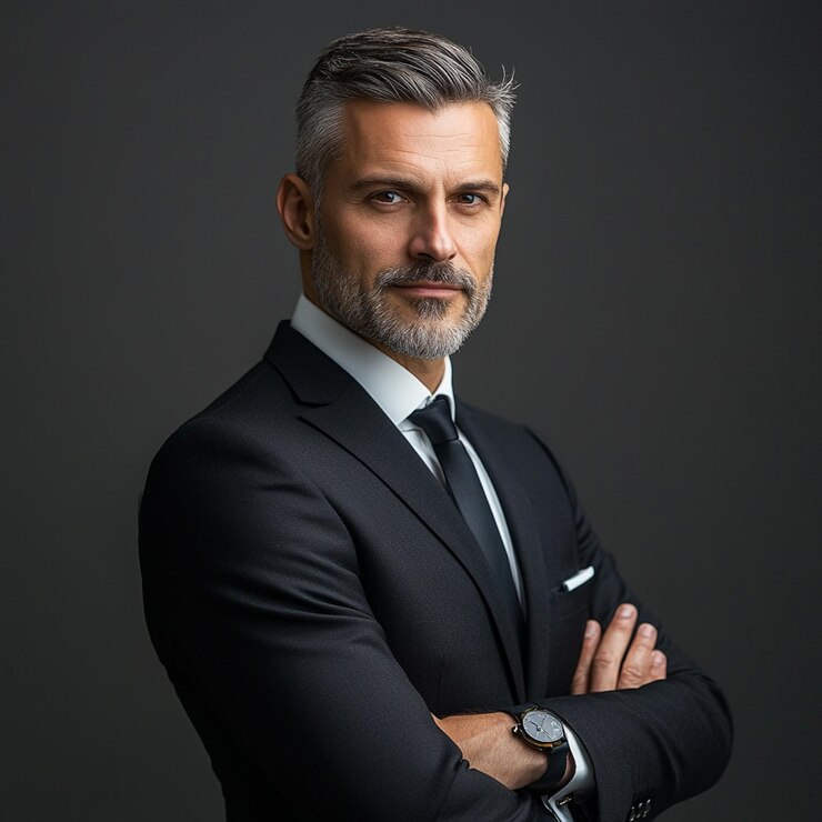 un hombre con barba vestido con un traje negro con una camisa blanca y una corbata negra