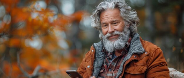 Hombre barbudo de cabello gris de mediana edad usando su teléfono móvil al aire libre Hombre anciano feliz sosteniendo su teléfono móvil y enviando mensajes de texto en su teléfono inteligente mientras mira a la cámara